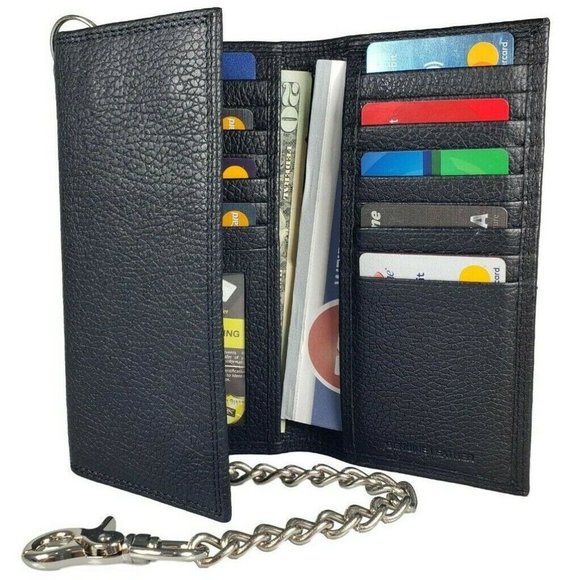 Men's Cowhide Black Leather Trifold Chain Motorcycle Biker Long Checkbook Wallet - Picture 3 of 8